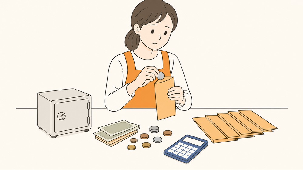 集金袋の中身を数え、現金と金庫を管理する先生のイラスト