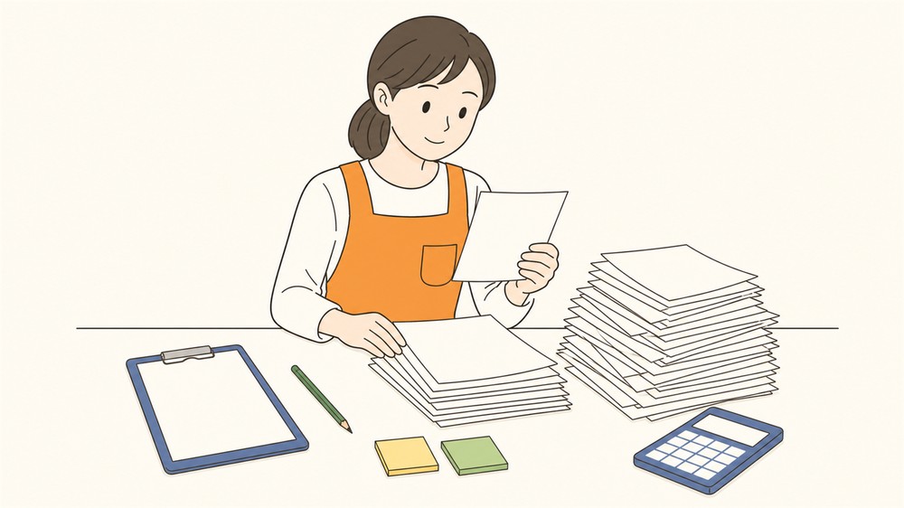 山積みの注文票を一枚ずつ確認して集計する先生のイラスト