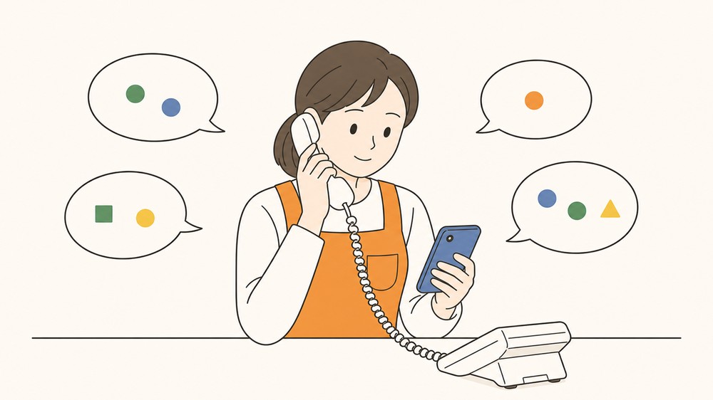 電話とスマートフォンで保護者からの問い合わせに次々と対応する先生のイラスト